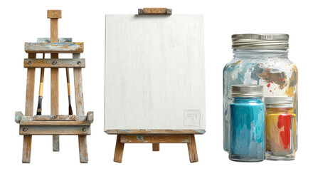 Isolated Art Supplies with Easel, Blank Canvas, and Paint Jars