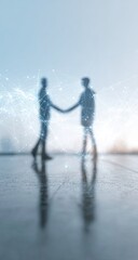 Two blurred figures shaking hands on a reflective surface, ethereal light and network connections visible