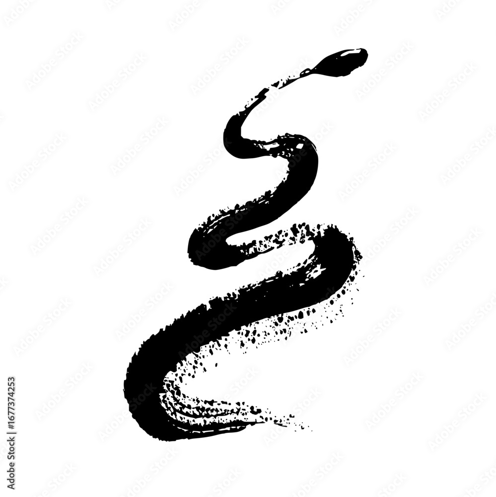 Poster a black ink brush stroke in a winding s shape with textured edges on a white background creating a d