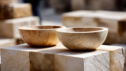 Two light-brown, shallow, wooden bowls rest on pale stone blocks, outdoors in sunlight; grain visible