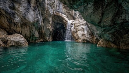 A hidden turquoise pool nestled within a dramatic gorge, fed by a cascading waterfall disappearing into a dark cave