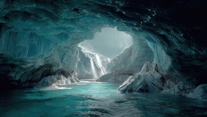 Glacial cave mouth reveals turquoise water flowing through a narrow canyon, with a waterfall visible in the distance, under a dimly lit sky