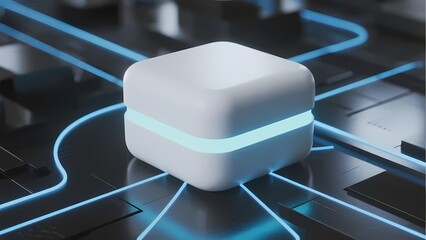Futuristic Cube Connected by Blue Light Paths on a High-Tech Surface