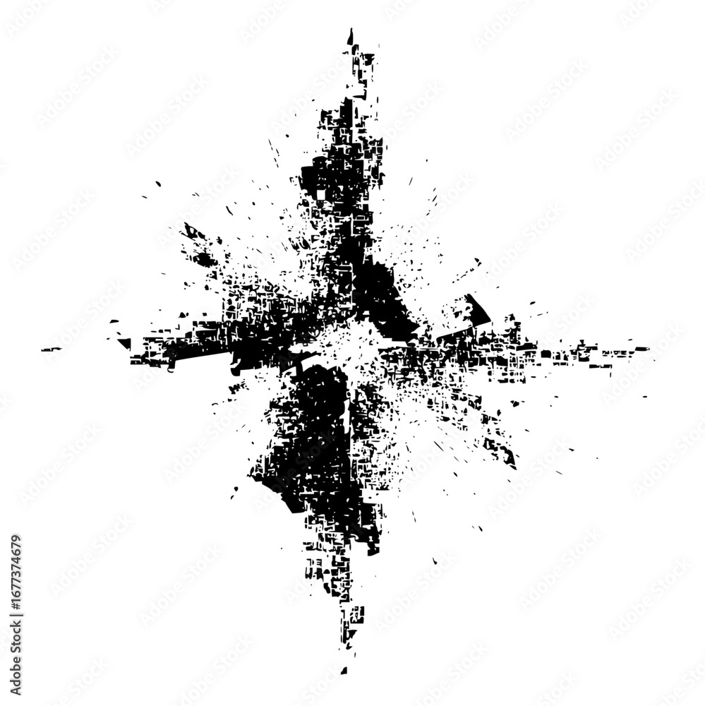Poster abstract black and white grunge design with radiating lines and geometric shapes creating a starburs