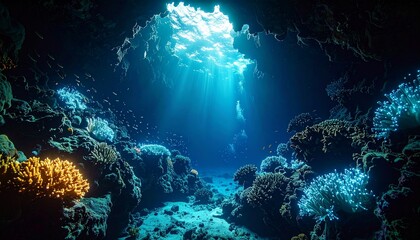 Deep ocean trench with bioluminescent coral structures, shimmering schools of fish, and dark caverns awaiting discovery