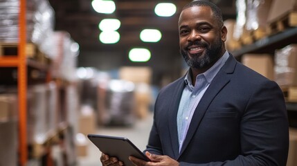 A Black man using a tablet while managing a team in a warehouse setting.