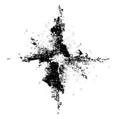 Abstract black and white grunge design with radiating lines and geometric shapes creating a starburst effect