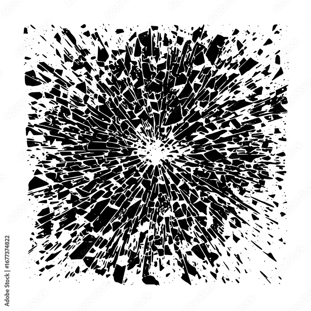 Poster abstract black and white shattered glass explosion pattern with radial lines and sharp edges design 