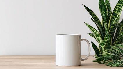 A plain white mug sits on a light wood surface next to a vibrant green snake plant and palm leaves against a minimalist white wall