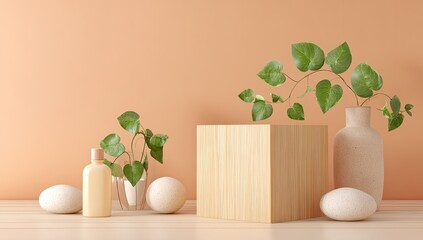 Minimalist product display with wooden cube, pale beige vase, small plants in glass containers, and smooth white stones on a light wood surface against a peach background
