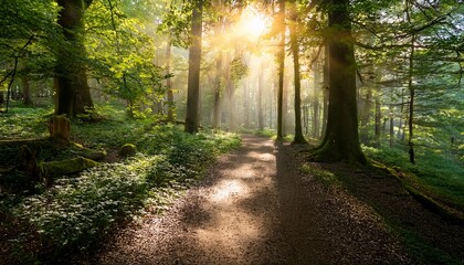 Fototapeta premium serene forest pathway illuminated by sunlight through trees