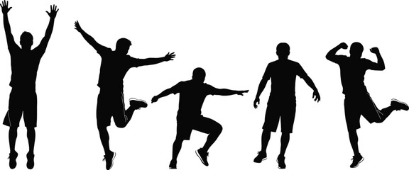 Silhouettes of Five Men Jumping, Posing, and Celebrating, Energetic Dynamic Movement Vector Illustration for Fitness, Sports, Joy, and Activity