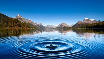 captivating image of water droplet creating ripples on serene lake surrounded by distant mountains under clear sky scene evokes tranquility and beauty
