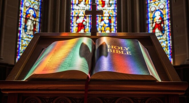 A Holy Bible on a Wooden Stand with Stained Glass Refracting Sunlight