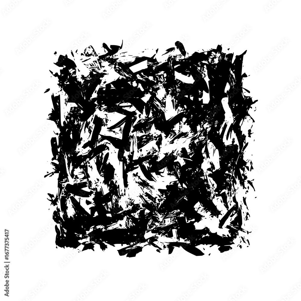 Poster an abstract black and white image filled with brush strokes creating a textured and chaotic pattern 