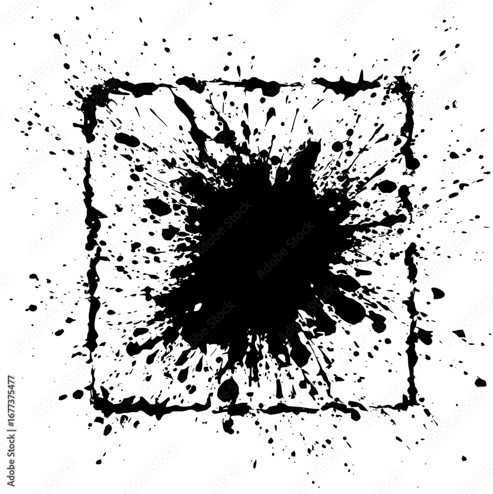 Poster black ink splatter design with a square frame outline and scattered droplets on a white background a