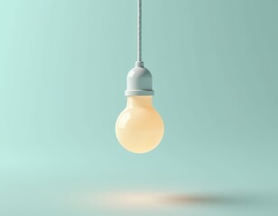 Bright Idea Glowing Light Bulb on Pastel Blue Background