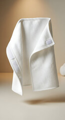 Folding White Towel with Velcro Closure on Neutral Background