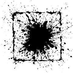 Black ink splatter design with a square frame outline and scattered droplets on a white background art