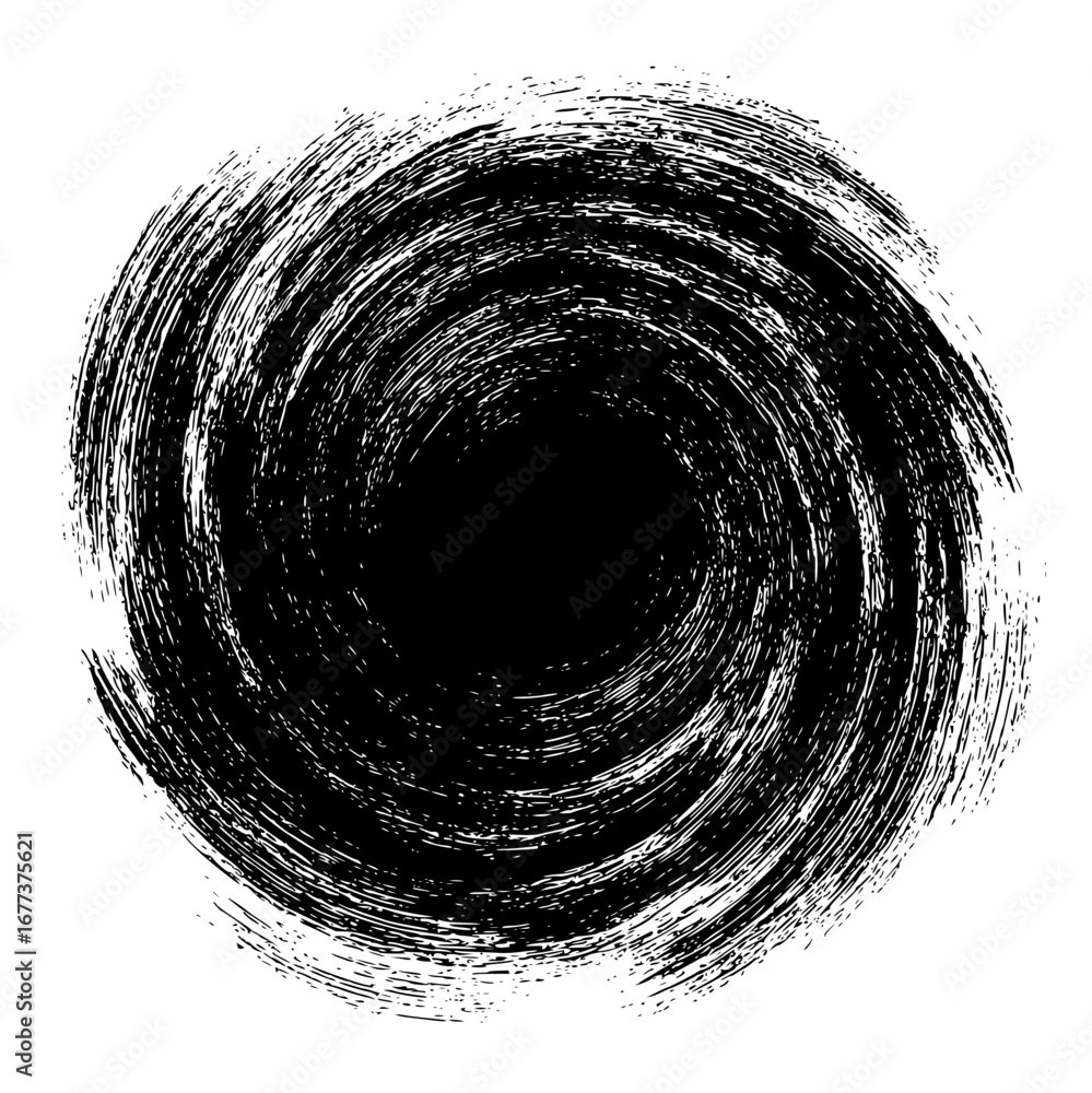 Poster abstract black and white vortex design with swirling brushstrokes and a central dark circular void a