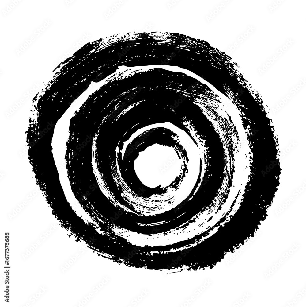 Poster circular brush stroke design with concentric rings and a central void in black and white style art w