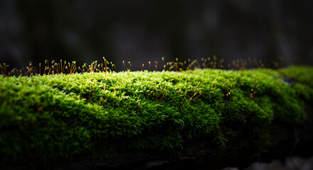 Naklejka premium Enchanting moss covered log bursting with life on a forest floor showcasing nature s renewal with
