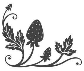 Black and white angular pattern of a branch with strawberries. Ready design for laser cutting.