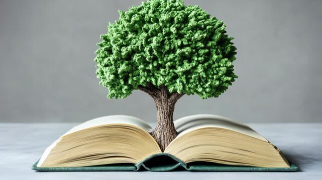 A tree sprouts from the pages of an open book, symbolizing growth and knowledge