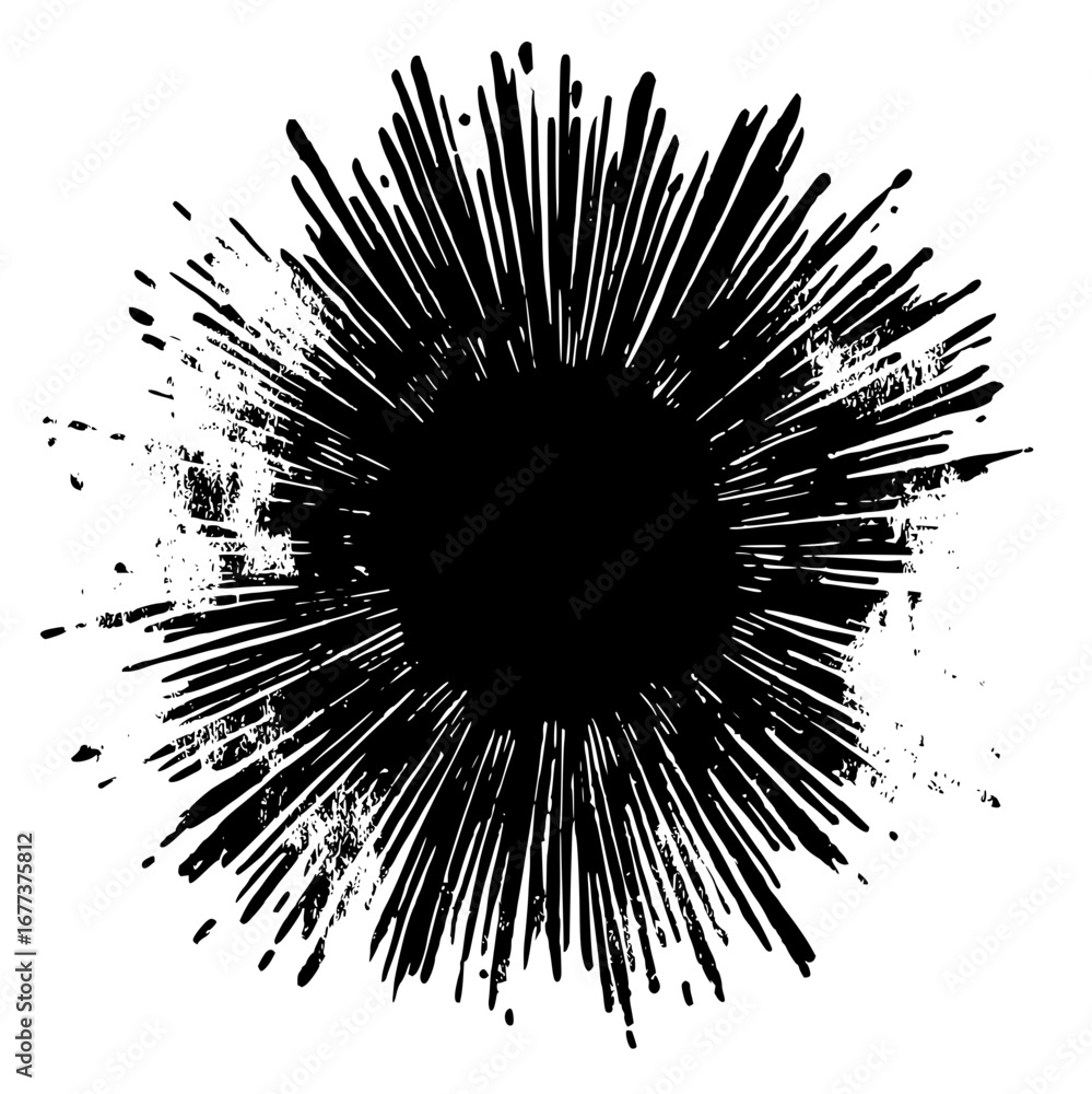 Poster black radial burst with textured edges emanating from a central dark circle on a white background vi