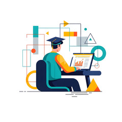 Graduate student working on laptop with data charts and abstract elements.