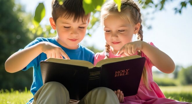 Children Exploring the Holy Bible Under the Sunlight in a Peaceful Meadow Learning Together