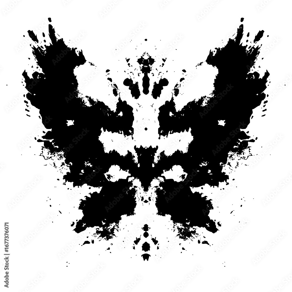Poster symmetrical ink blot pattern resembling a butterfly or moth with intricate details and abstract shap
