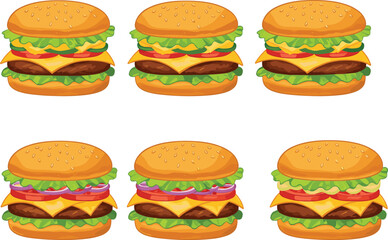 Delicious hamburger vector set with cheese, lettuce, tomato, onion, and sesame seed bun, tasty fast food illustrations for design.