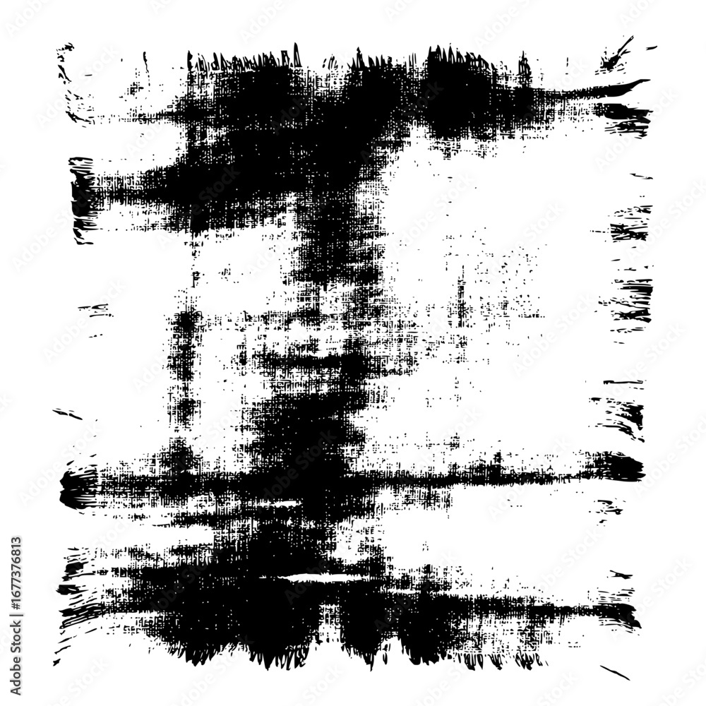 Poster abstract black and white brush stroke texture forming a square shape on a white isolated background