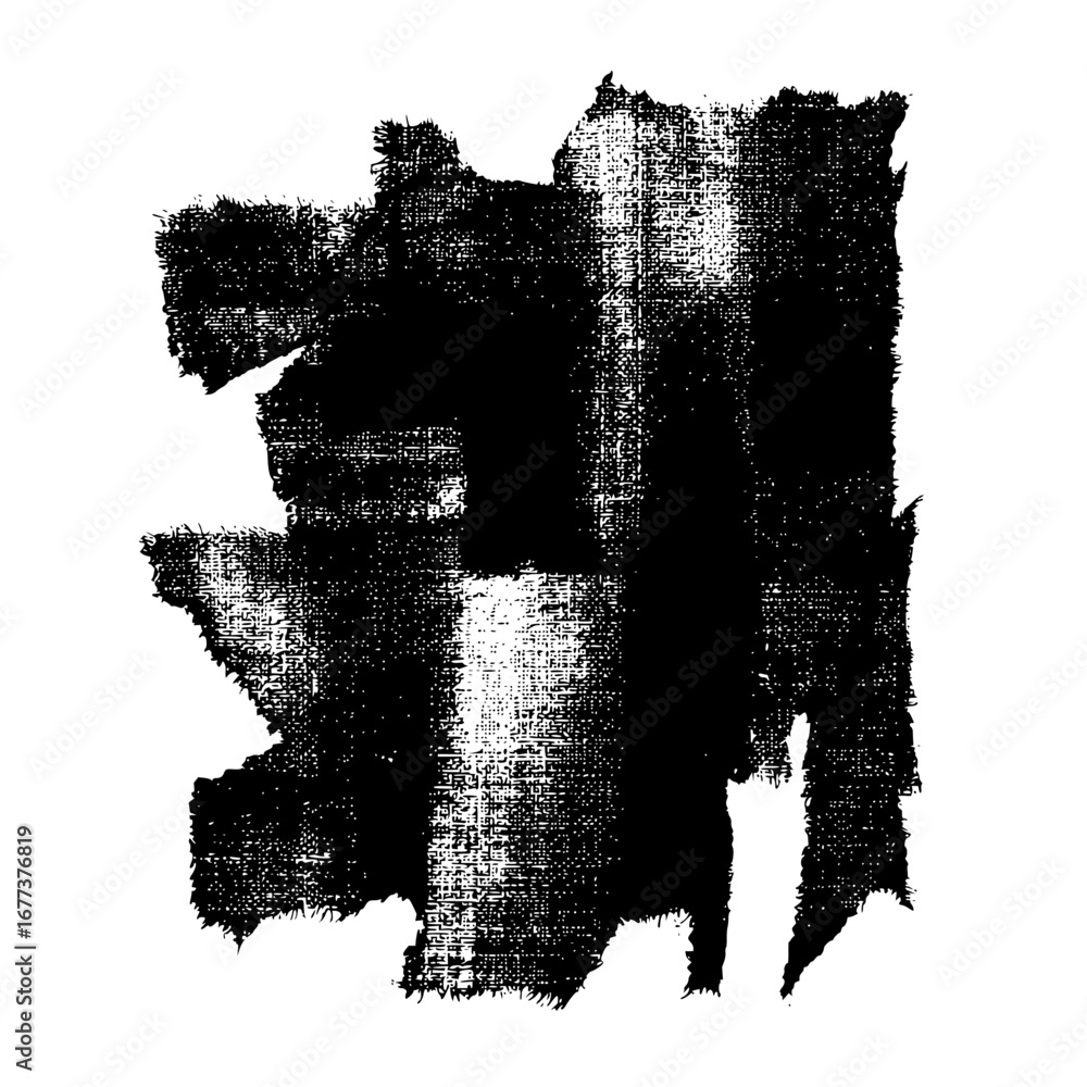 Poster abstract black and white textured brush stroke with rough edges and irregular shapes on a white back