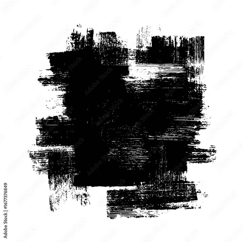 Poster a black ink brush stroke design with rough edges and visible brush texture on a white background can