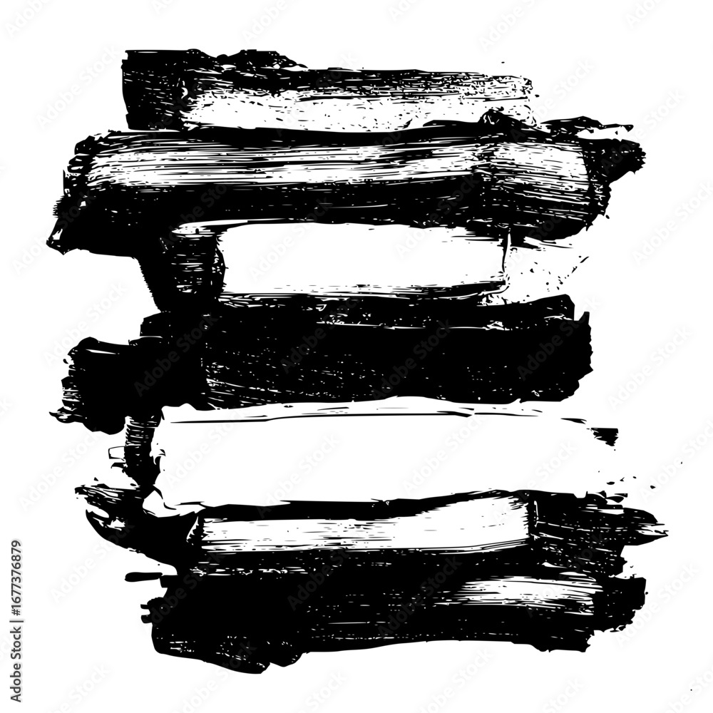 Poster black brush strokes stacked unevenly on a white background creating abstract texture and pattern art