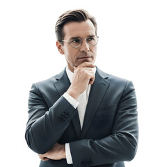 Thoughtful businessman in a suit and glasses on a white background, contemplating with his hand on his chin