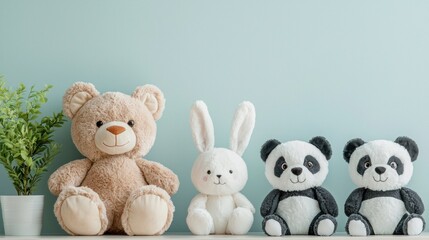 A collection of plush stuffed animals, including a teddy bear, bunny, and panda.