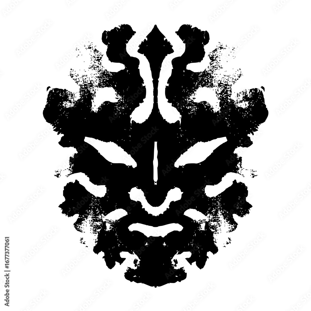 Poster symmetrical ink blot pattern with abstract shapes resembling a face and organic formations in black 