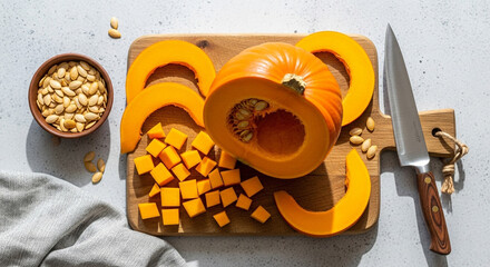 Fresh pumpkin is sliced and diced on a cutting board ready for cooking a perfect flat lay for autumn recipes and healthy seasonal eating in the fall today