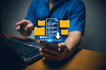 File downloading process concept. Businessman using smartphone to download documents from cloud folders, with virtual interface showing progress bar, file checklist, and folder icons.