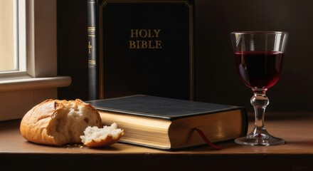 Obraz premium Solemn Communion Still Life Featuring Bible Bread and Wine Reflecting Faith and Tradition