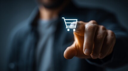 Man Pointing at Digital Shopping Cart Icon in Dark Environment