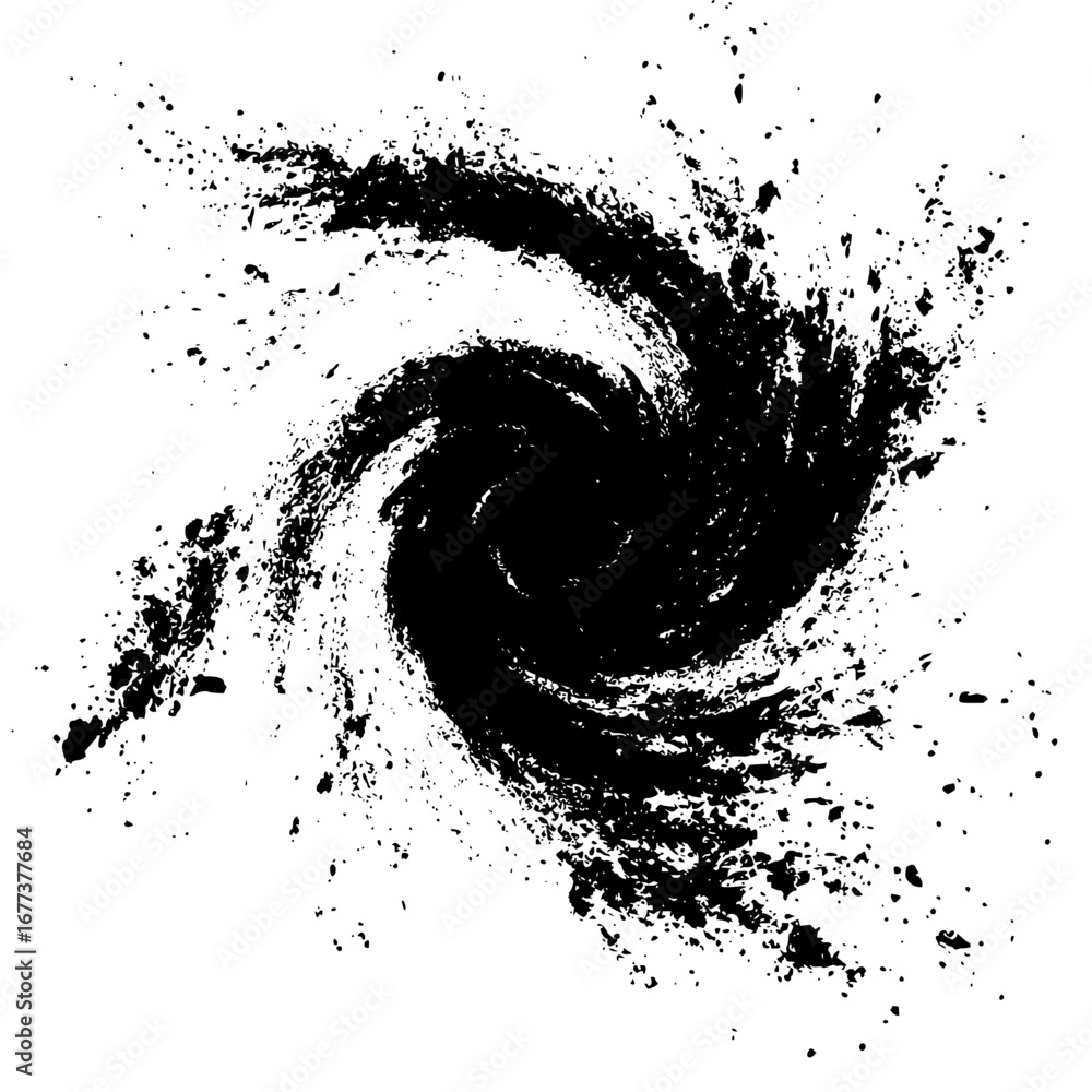 Poster abstract black and white vortex design with swirling patterns and scattered grunge elements creating