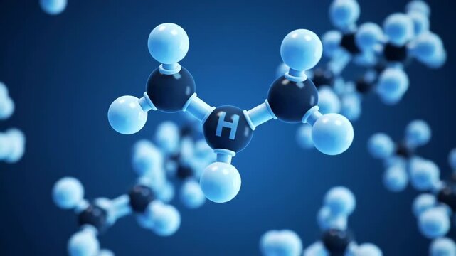 Ethane molecule 3D model, blue background, science