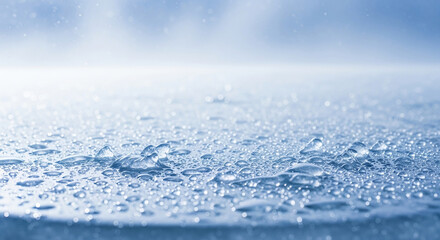 Obraz premium Close-up of sparkling water droplets on a smooth, cool blue surface, creating a refreshing and clean abstract background