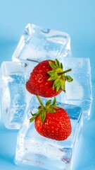 Fresh strawberries on ice cubes