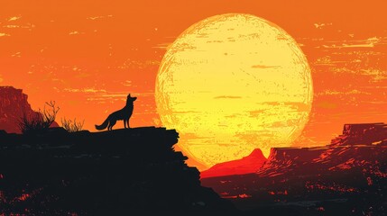Obraz premium A coyote standing on a desert ridge, silhouetted against the sunset.