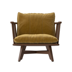 Mid-Century Modern Armchair, Wooden Spindle and Yellow Upholstery, Front View 3D Render